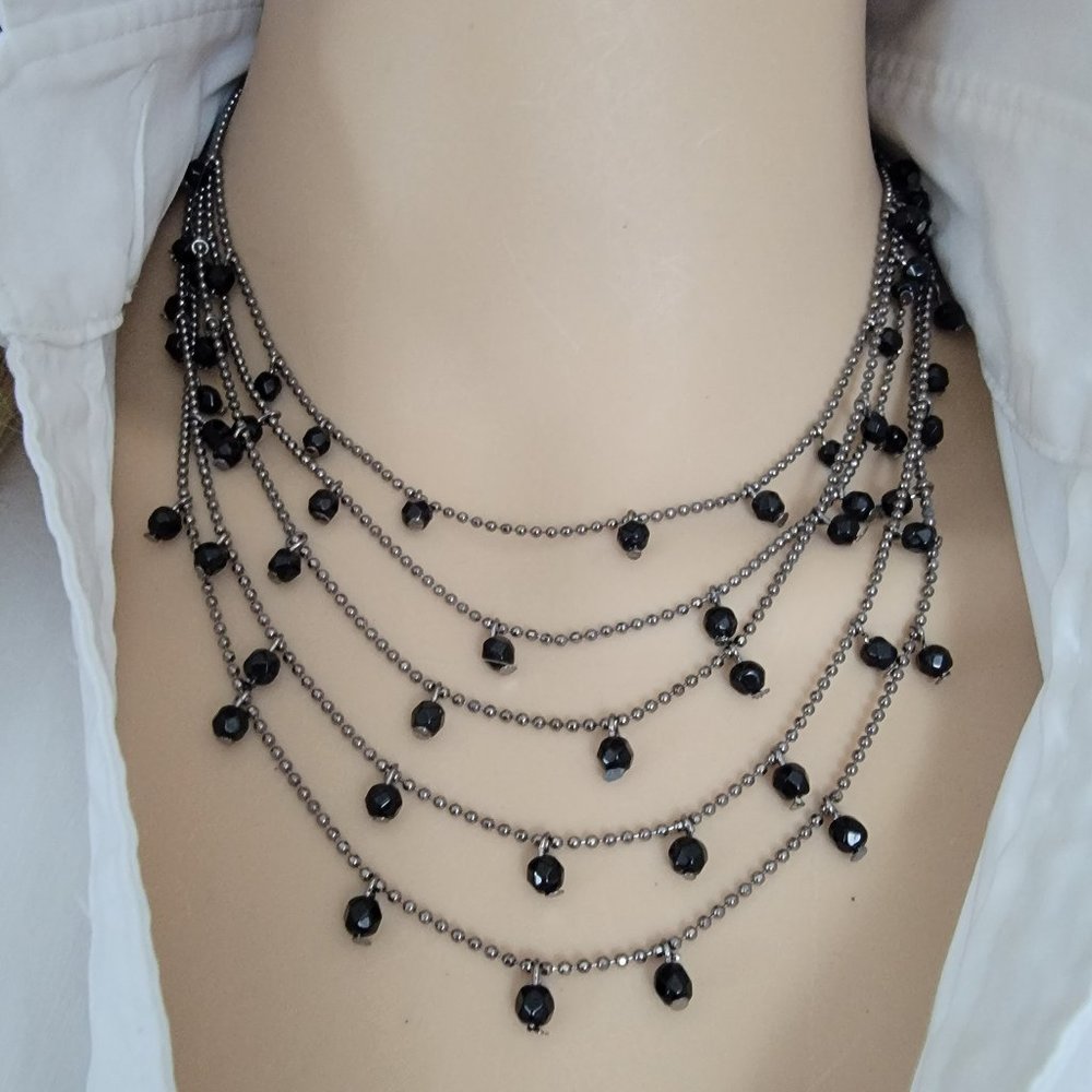 Premier Designs Multi Strand Black Beaded Gunmetal Tone Ball Chain Necklace